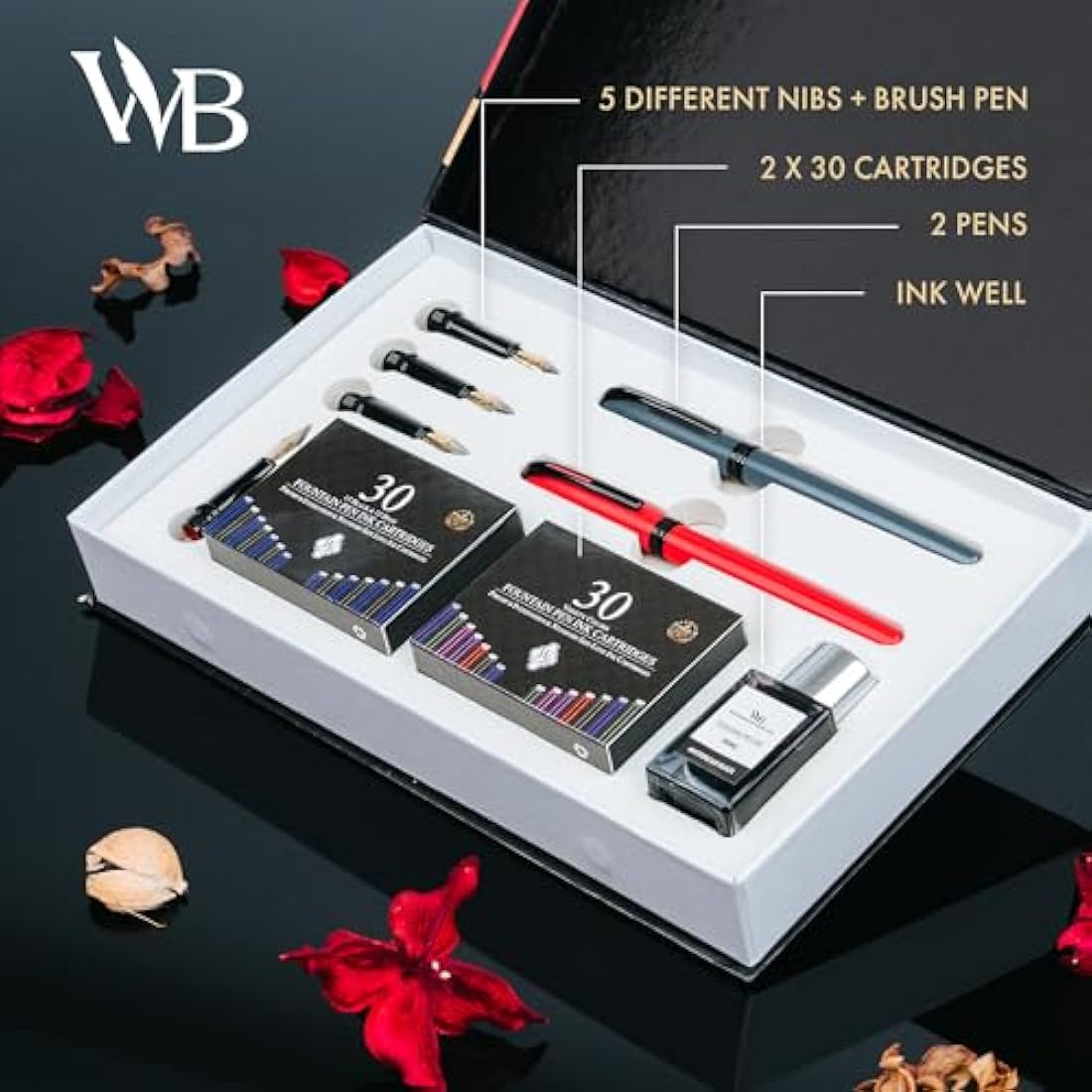Wordsworth and Black Calligraphy Pen Set - Grey - Includes 2 Calligraphy Pens, 18 ML Ink Bottle, 60 Ink Cartridges, A Refill Converter, 1 Medium and 4 Broad Nibs, Brush Pen