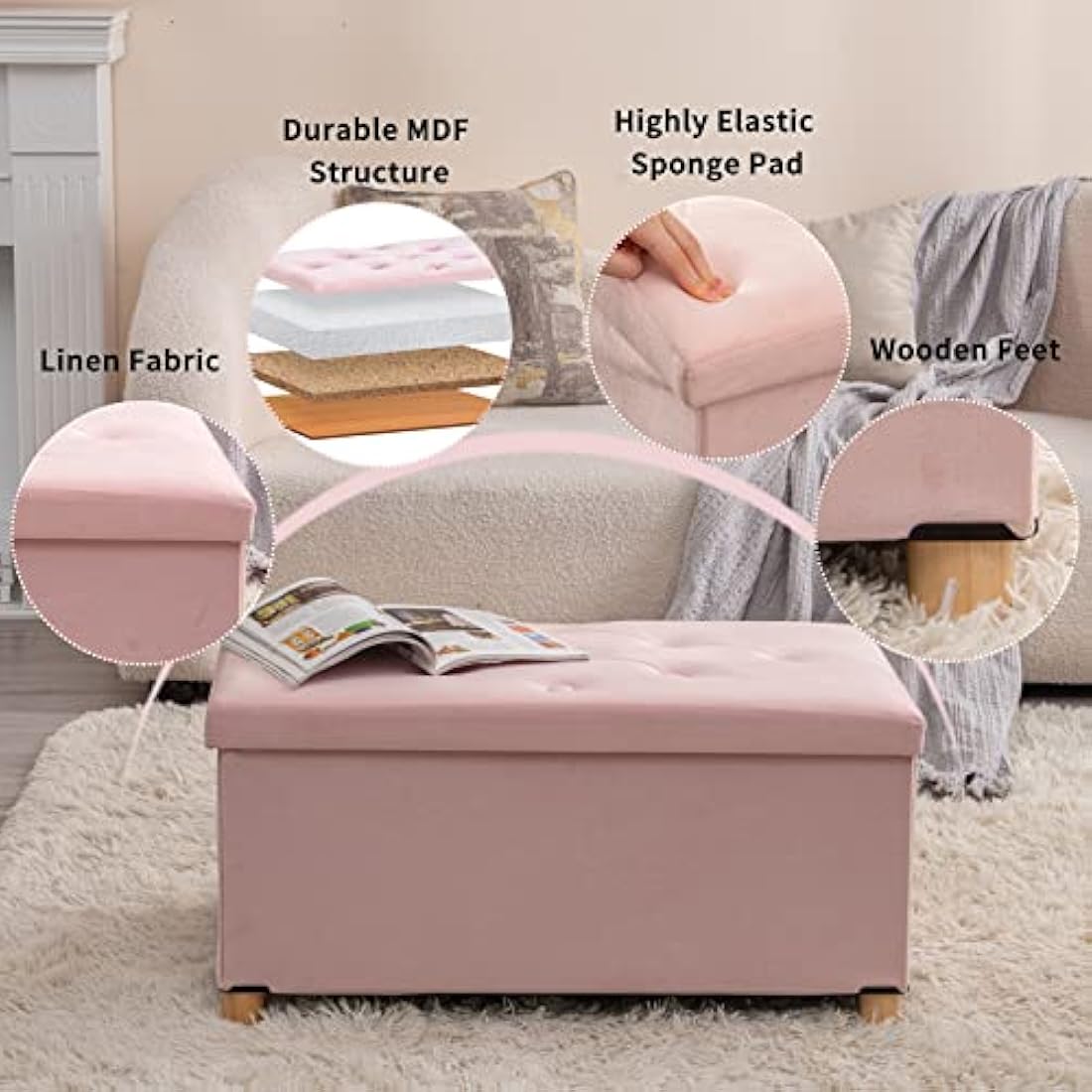 BRIAN & DANY Ottoman Storage Box with 4 Wood Legs, Velvet Storage Ottoman for Living Room, Pink, 76 x 38 x 38 cm