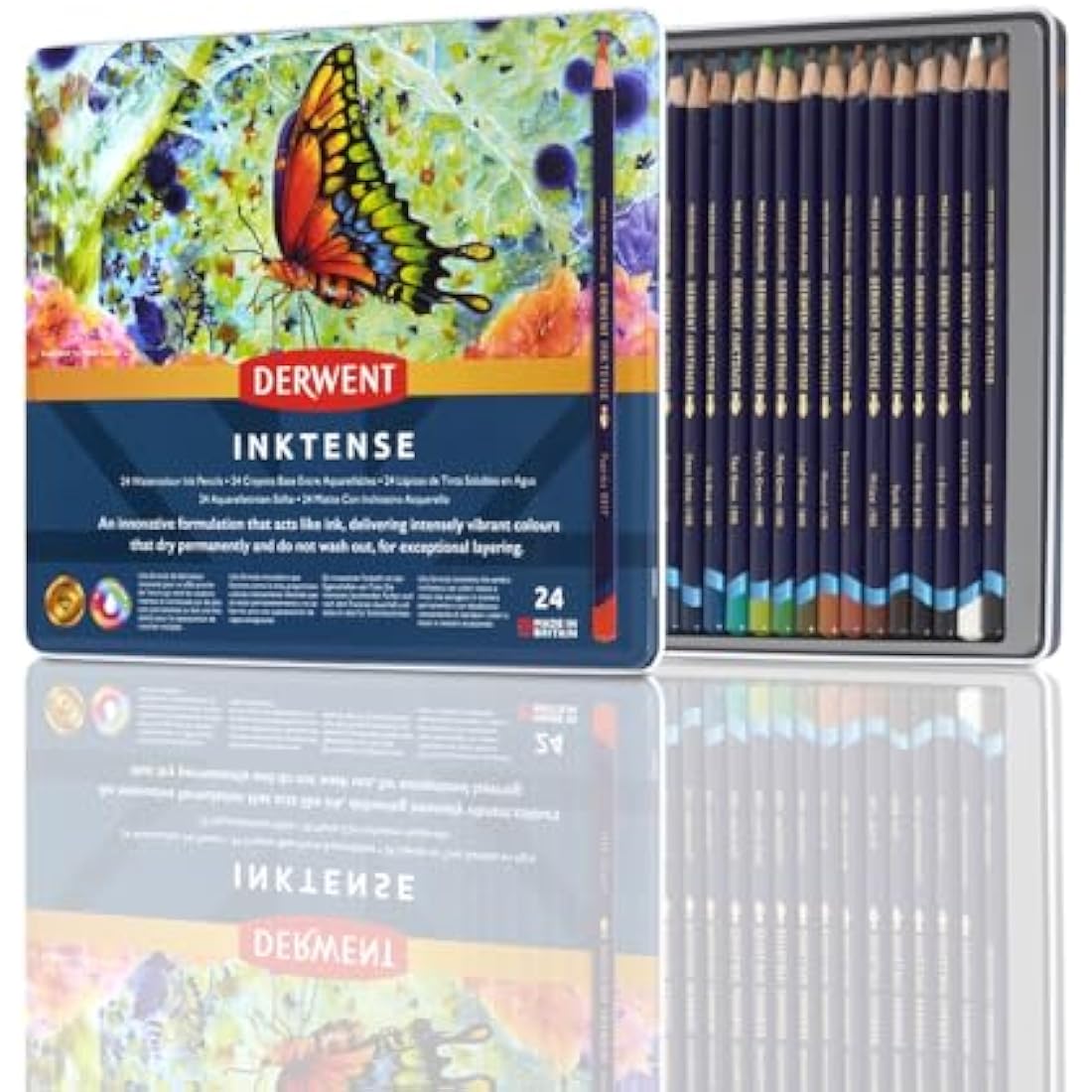 Derwent Inktense Permanent Watercolour Pencils, Set of 24 in a Tin, 4mm Premium Core, Water-Soluble, Ideal for Colouring, Painting and Crafting, Professional Quality (0700929),package may vary