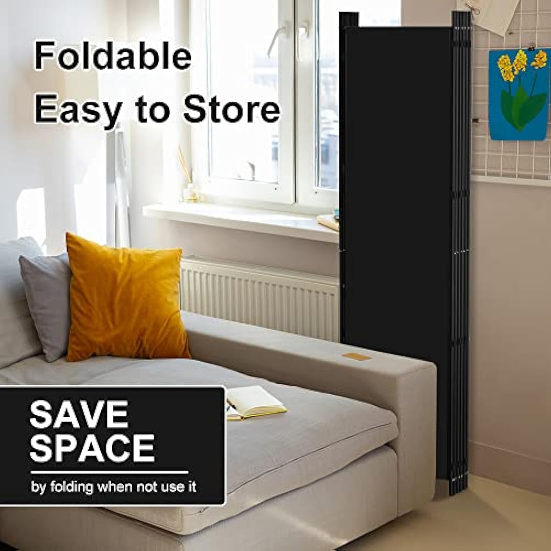 Kokorona 6 Panel Room Divider, 6FT Tall Folding Privacy Screen Wall Dividers, Portable Privacy Screen Freestanding Room Divider for Room Separation, Included-Cover Strips, Black, W 305 x H 183 cm