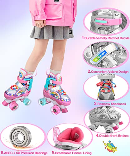 Unicorn Rainbow Kids Roller Skates for Girls Boys Toddler Ages 3-12, Adjustable Beginner Profession Kids Quad Skates, Children's Rollerskates for