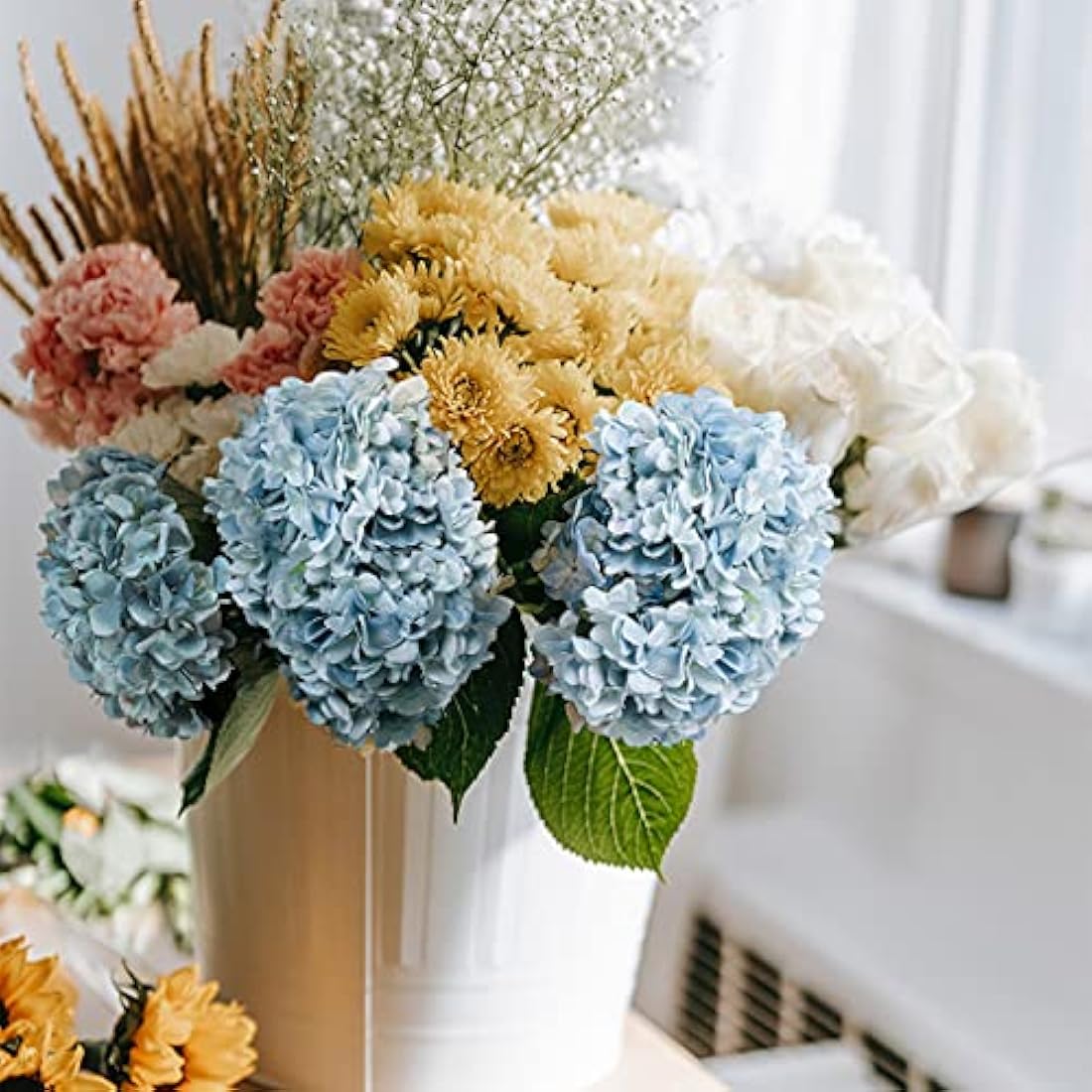 Kisflower 6Pcs Silk Hydrangea Artificial Flowers Realistic Hydrangea Flowers Bouquet for Wedding Party Office Home Decor (Blue)
