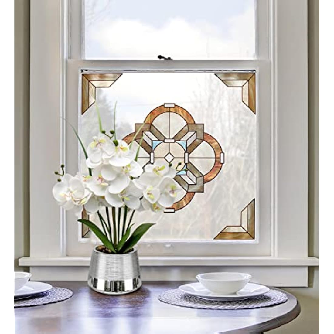 Oairse 40cm Artificial Orchid Flowers White Artificial Flower in Silver Ceramic Pots Real Touch Silk Phalaenopsis with 14 Flowers Fake Orchids Plant for Home Kitchen Bathroom Table Centerpiece Decor
