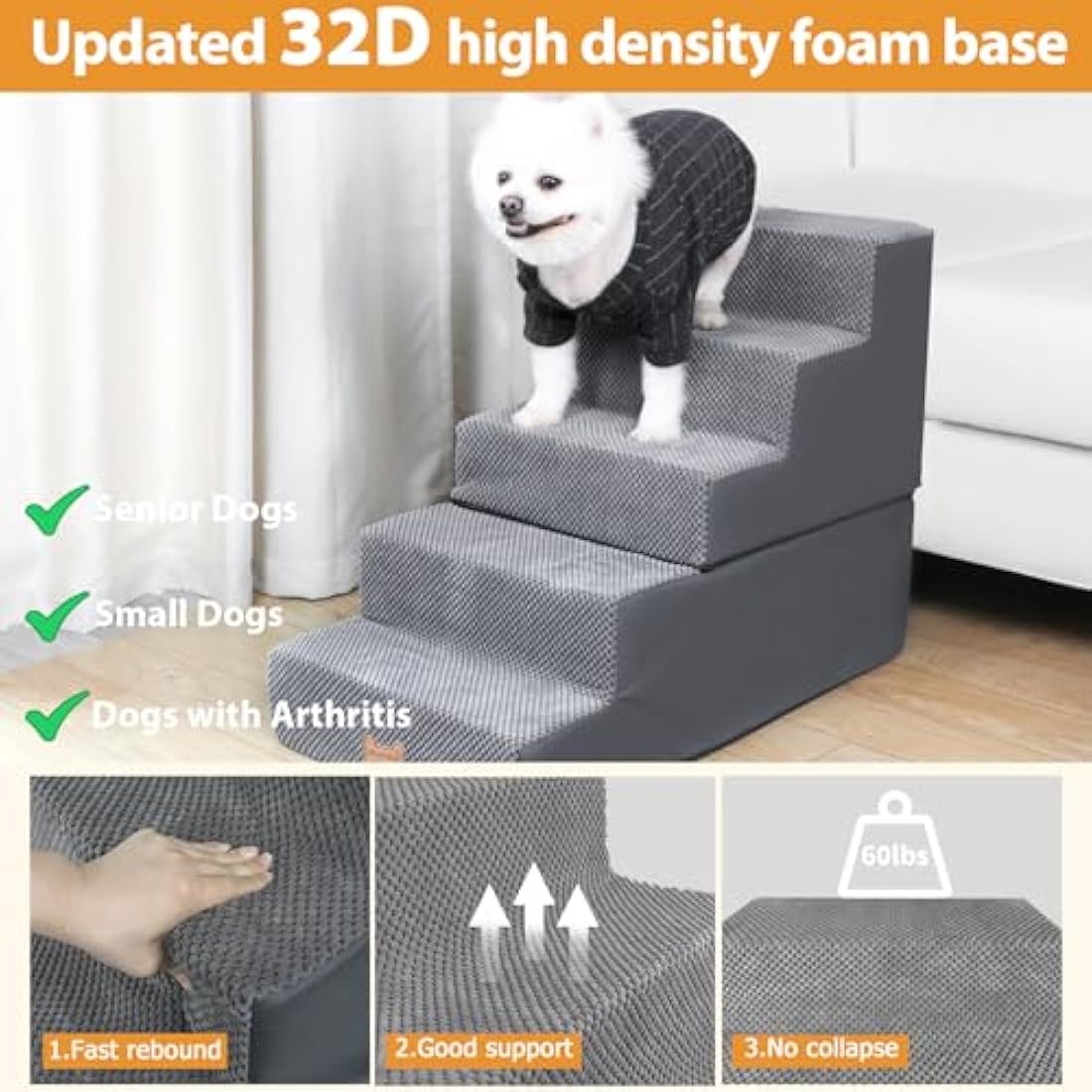 Nepfaivy Dog Steps Stairs for Bed - Non-Slip Pet Stairs for Small Dogs and Cats, 5-Steps Dog Ramp for Sofa with High Density Foam and Removable Cover, 76x40x56cm