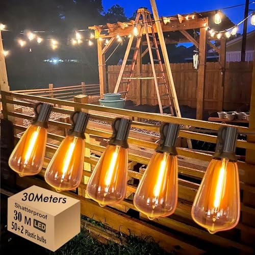 Skeerei 30M Festoon Lights Outdoor Mains Powered Led Garden Lights String with Vintage 52pcs 2700K Warm White for Pegola, Patio, Gazebo, Backyard,Terrace, Party,Wedding [Energy Class G]