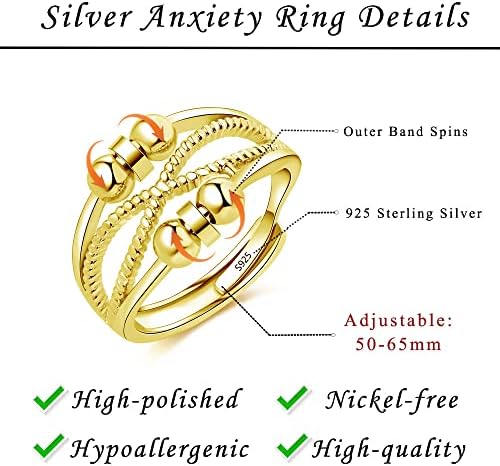 Cangall 925 Sterling Silver Anxiety Ring - Adjustable Open Fidget Ring With Beads Spinner for Stress and Depression Relief - Unisex Anti-Anxiety Ring