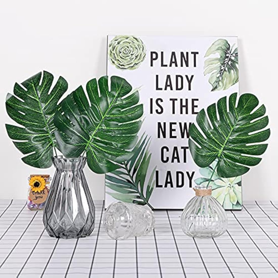Artificial Palm Leaves, 20 Pcs Faux Monstera Leaves Golden Fake Jungle Leaf Tropical Leave with Stems for Hawaiian Jungle Theme Tropical Party Table Decorations