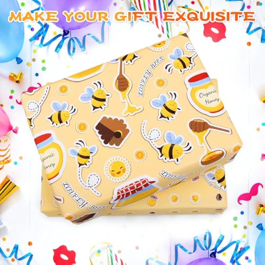 Wrapping Paper Bee Birthday Wrapping Paper Recycled & Recyclable Gift Wrap Birthday Paper ECO Gift Wrapping Paper Sheets for Girls Women Female,Present Wrapping Paper Set,Tag Ribbion