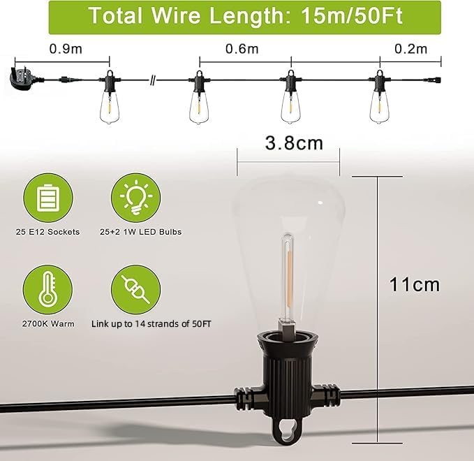 Kawaya Outdoor String Lights Mains Powered 15M,LED Garden Festoon Lights Dimmable,Waterproof IP65 Shatterproof Vintage Connectable Lighting with 25+2 Plastic Bulbs for Outside Backyard Patio Bistro