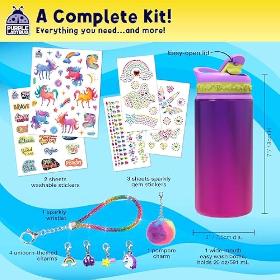 PURPLE LADYBUG Decorate Your Own Water Bottle Craft Kits for Kids - Unicorn Gifts for Girls, 6 Year Old Girl Gifts, Girls Birthday Presents, Arts and Crafts for Kids Ages 5-12, Back to School Gift