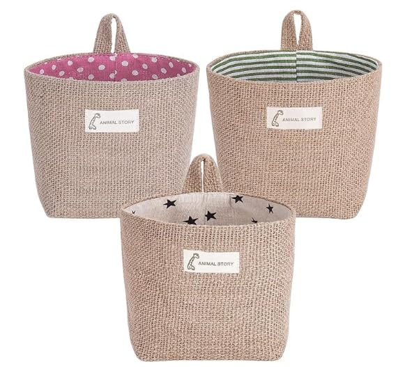 Fahibin Cotton Linen Storage Basket Bag,3pcs Hanging Small Foldable Storage Basket Bag with Handle, Foldable Organizer Decorative Bag for Toys, Keys
