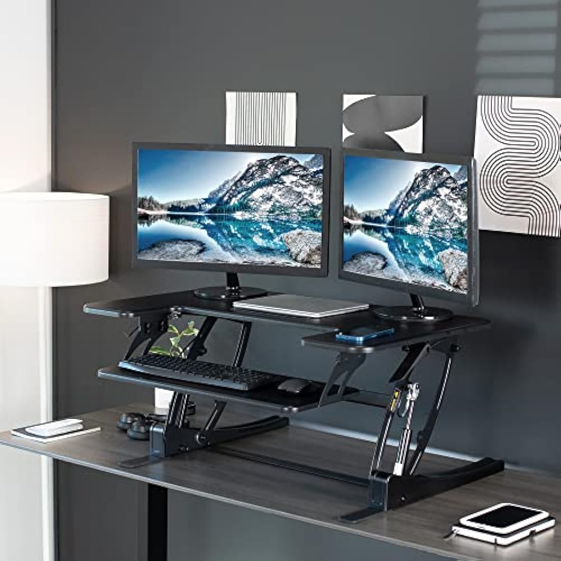 VIVO 91 cm Height Adjustable Stand Up Desk Converter, V Series, Quick Sit to Stand Tabletop Dual Monitor Riser Workstation, Black, DESK-V000V