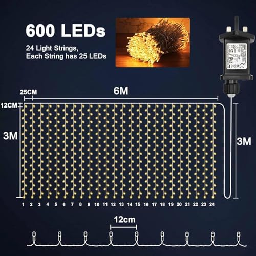 yowin Curtain Lights 600 LED 6m x 3m Gazebo Lights Mains Powered with Timer, 8 Modes Curtain Fairy Light Outdoor Waterproof Wall Hanging Light for Pergola Indoor Bedroom Wedding Garden Decorations