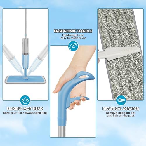 Microfibre Spray Floor Mop with Spray for Cleaning Floors, MEXERRIS Dust Wet Dry Mops with 3x Reusable Microfiber Pads & 1x Refillable Bottle for Hardwood Laminate Tiles Floors