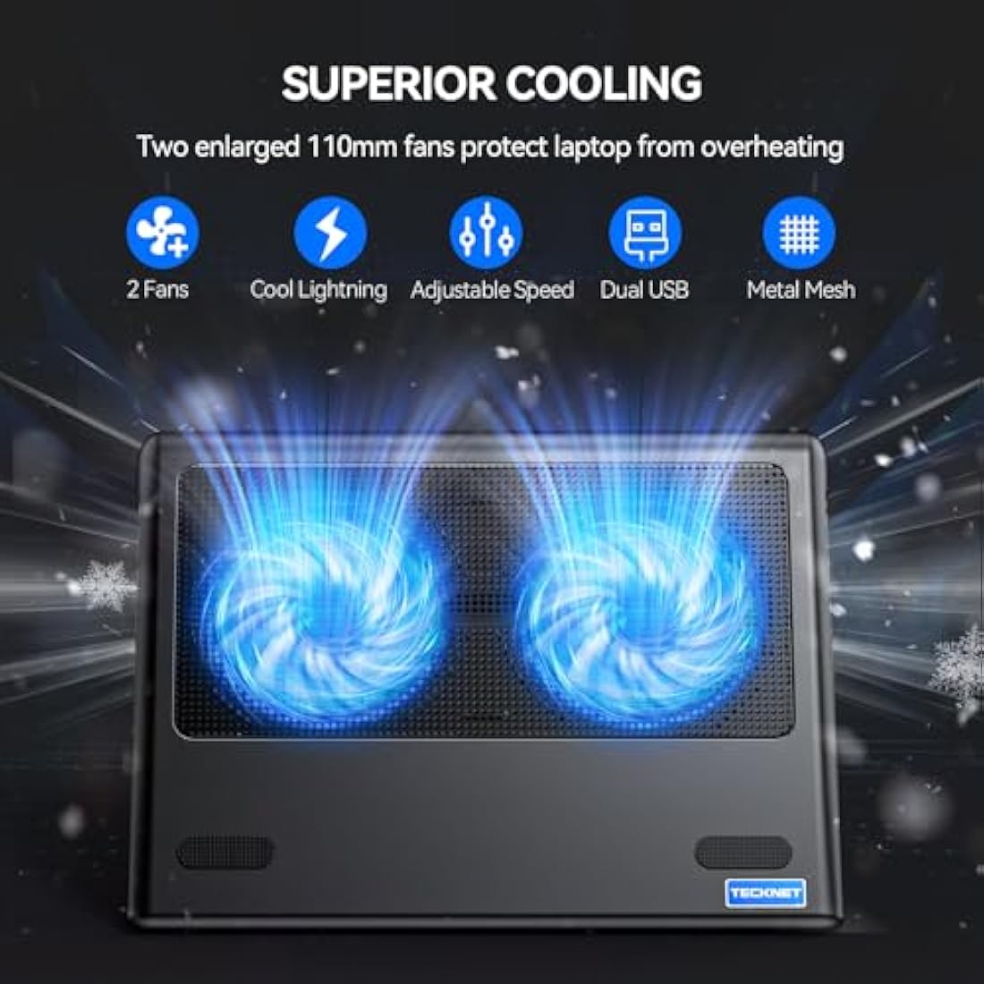TECKNET Laptop Cooling Pad, 12"-16" Laptop Cooler with 2 Quiet Fans, Ergonomic Comfort Gaming Laptop Cooling Stand, Speed Adjustable Cooling Pad