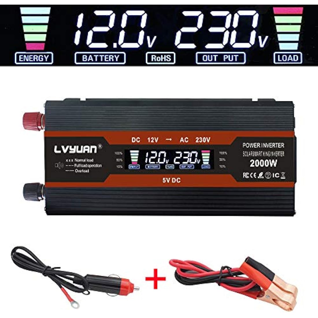 Cantonape 1000W Power Inverter DC 12V to 230V 240V AC Car Converter 12V Inverter with 12v Cigarette Lighter, 2 USB, universal Sockets Car Adapter and LCD Display, (peak 2000W<10ms)