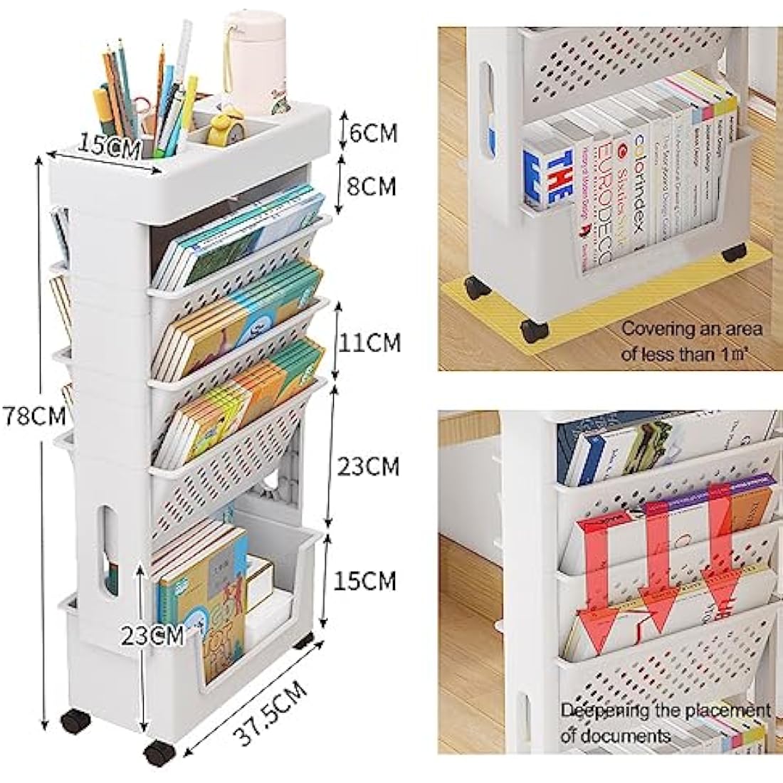 NUODWELL Mobile Bookshelf with Wheel, Large Capacity Magazine Rack Book Cart Removable Storage Organizer Kids Bookshelf, Multi Purpose Rolling Cart for Home School（White）
