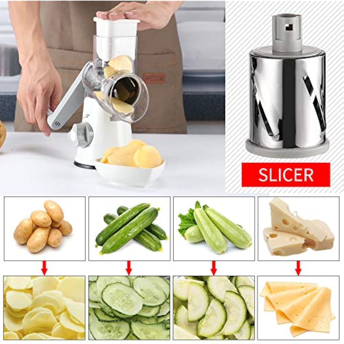 Ourokhome Cheese Grater Rotary Shredder, Kitchen Speed Mandolin Slicer Hand Crank Grinder with 3 Interchangeable Blades and Handle for Cheese, Vegetable, Walnut, Chocolate, Potato, Carrot, White
