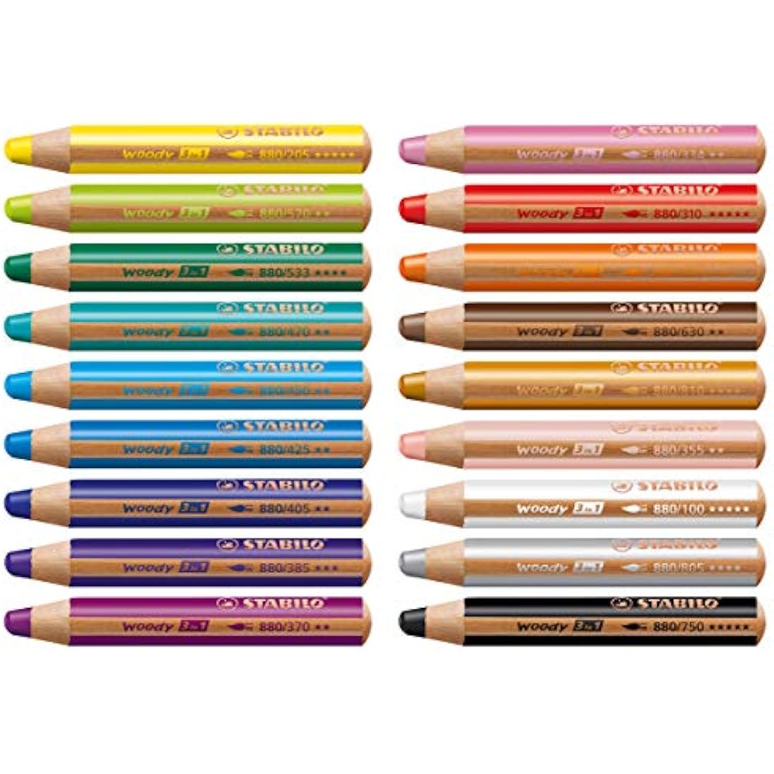 STABILO - Colouring Pencil, Watercolour & Wax Crayon - Woody 3 in 1 - Pack of 18 with Sharpener in Green