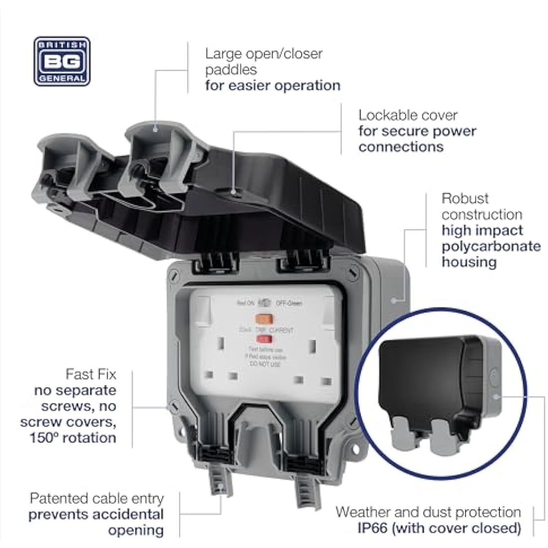 BG Electrical WP22RCD-01 Double Weatherproof Outdoor Switched Power Socket with Latching RCD, IP66 Rated, 13 Amp