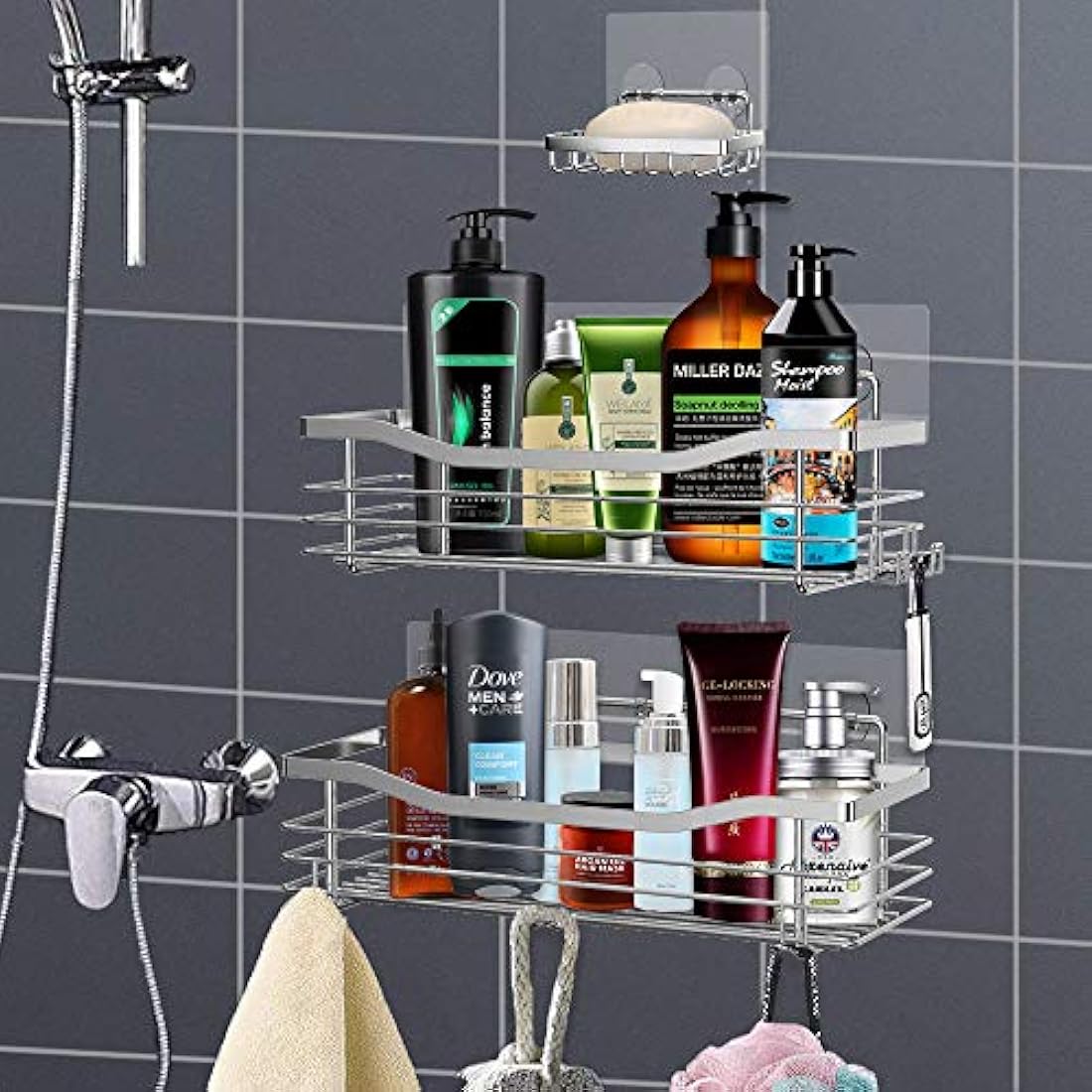 Orimade Shower Caddy Basket Soap Dish Holder Shelf with 5 Hooks Bathroom Organiser Shelf Kitchen Storage Rack Wall Mounted Adhesive No Drilling SUS304 Stainless Steel - 3 Pack