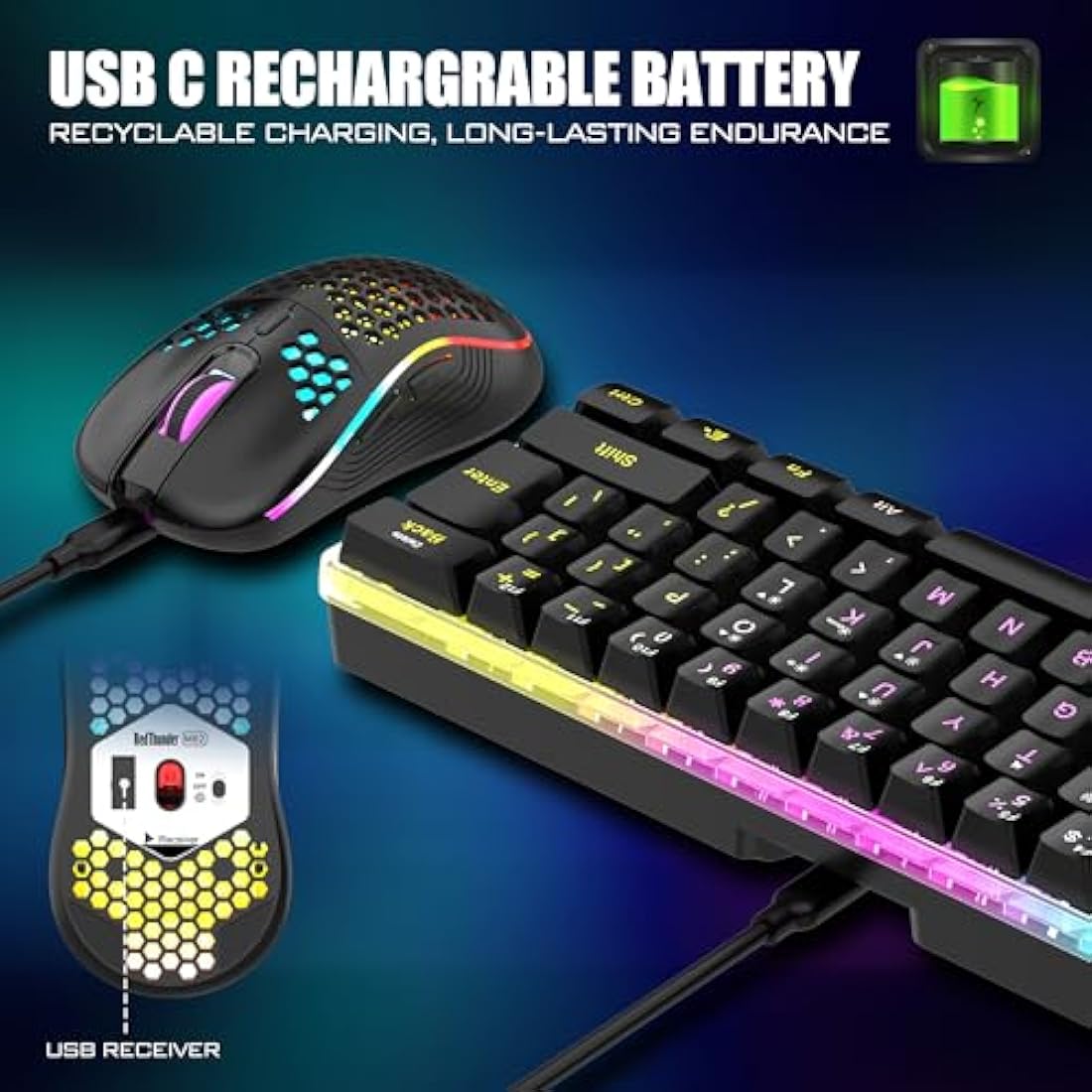 RedThunder K62 Wireless 60% RGB Gaming Keyboard and Mouse Combo, UK Layout 62 Keys Ultra Compact Backlit Mini Keyboard, Lightweight Cellular Optical Mouse, Portable Set for PC PS5 Xbox Gamers (Black)