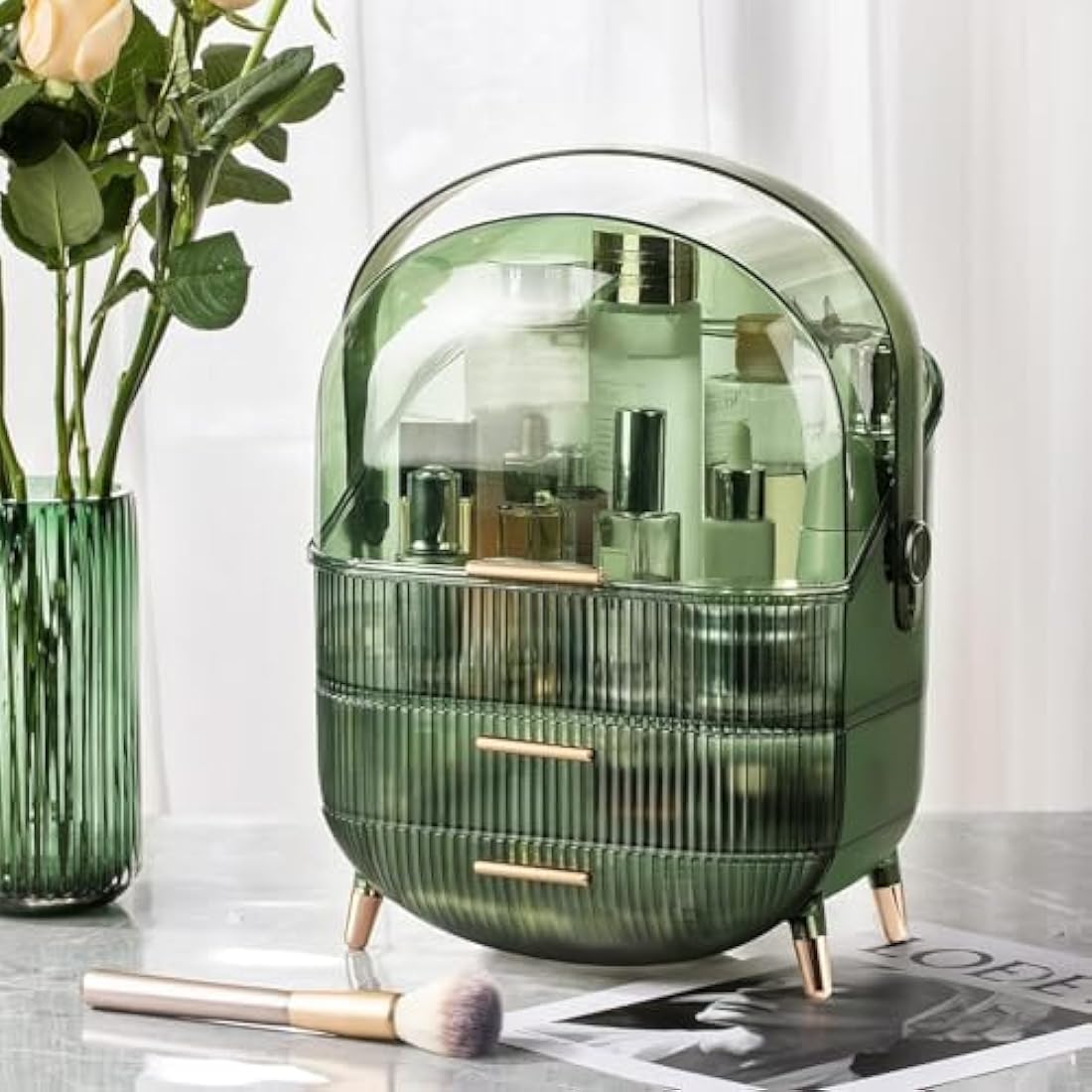 SIOOUI Makeup Organizer, 3 Layers Large Capacity Cosmetic Storage, Cosmetic Display Case with 2 Storage Drawers, Cosmetic Organizer for Bathroom Counter, Vanity Countertop, Bedroom (Clear Green)