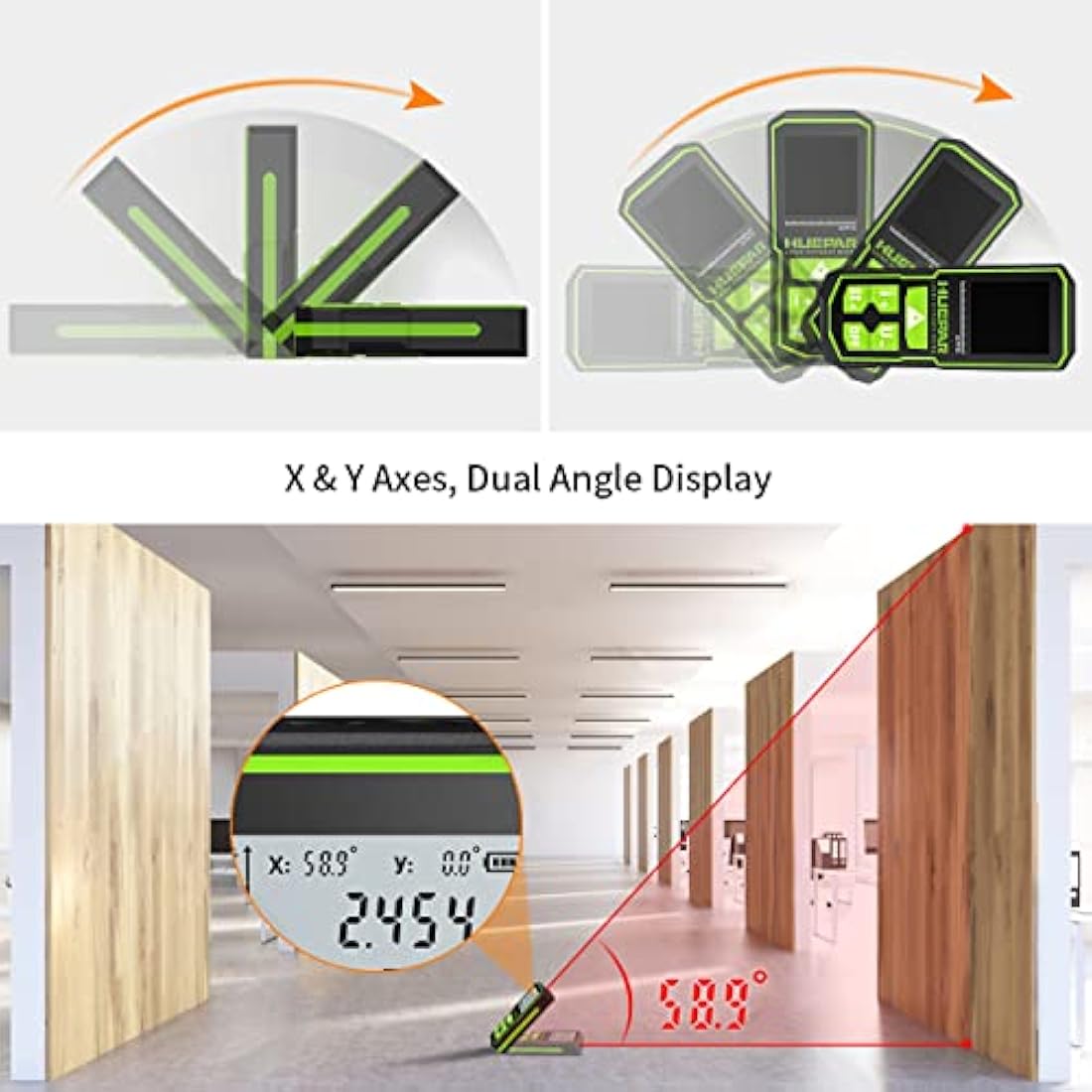 Laser Measure Device, Huepar 60M-120M Laser Distance Meter Digital Measure Tool Range Finder with Bubble Level and Large LCD Backlit and Waterproof IP54, Battery Included
