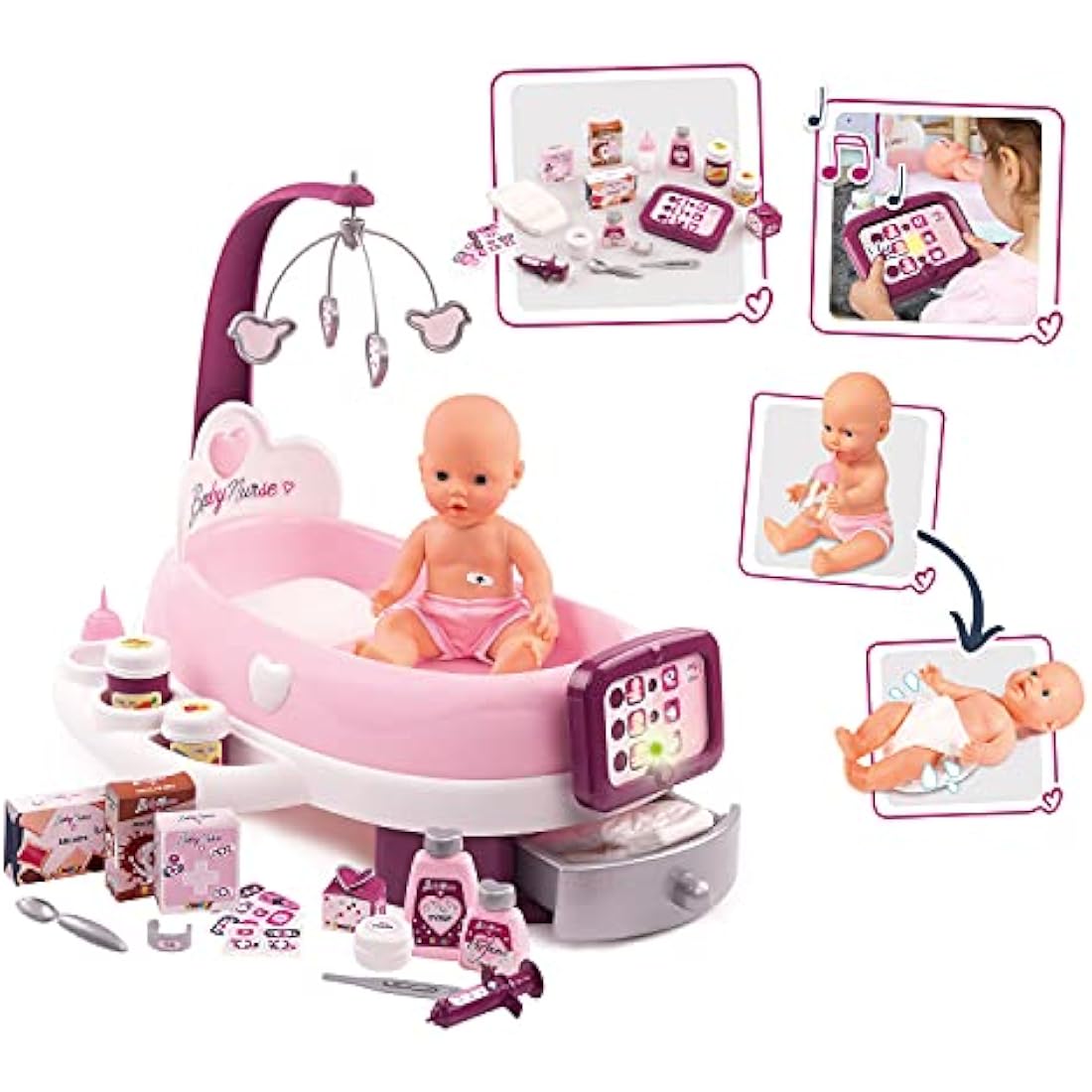 Smoby - Baby Nurse - Electronic Nursery - for Dolls and Dolls - 24 Accessories + 1 Doll Pee Function - 220347, Pink