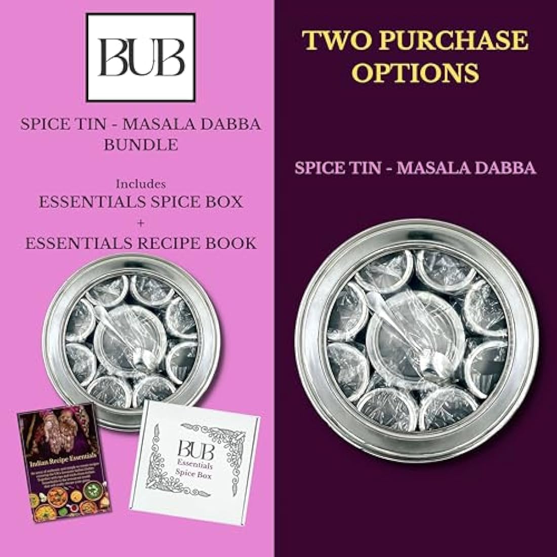 Bub: Large 22cm Premium Spice Tin Masala Dabba | 9 Spice Jars with Individual Lids | Holds 12 Spices | Polished Stainless Steel with Serving Spoon & Clear Acrylic Lids | Spice Box (SPICE TIN 9)