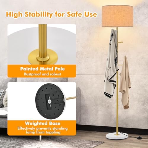 GiantexUK Floor Lamp with Coat Rack, Multi-Purpose Standing Lamp with Linen Fabric Lampshade, 5 Hooks, E27 Socket, Foot Switch & Large Base, Modern Reading Light for Living Room Bedroom Office