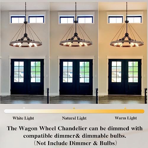 MRHYSWD Wagon Wheel Chandeliers Ceiling Light for Living Room, 6 Lights Rustic Industrial Outdoor Chandelier Black Pendant Light Fitting for Dining Room Kitchen Hallway Bedroom, Height Adjustment