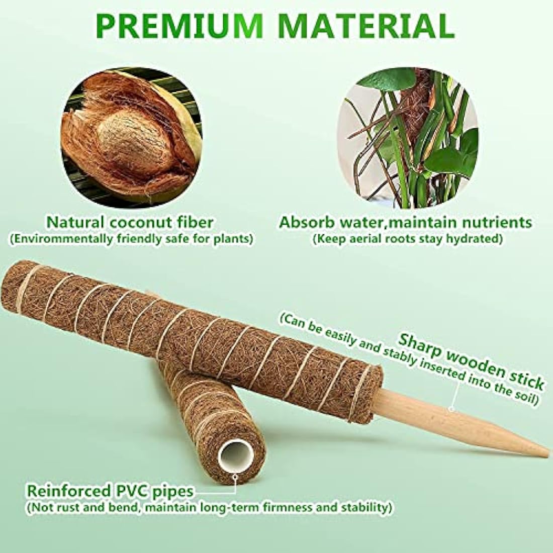 Moss Pole 56 Inch 142cm, 4 Pcs Moss Pole for Monstera, 45cm Coir Totem Pole Moss Stick for Climbing Plants Indoor Monstera Support Extension, Train Potted Creepers to Grow Upwards, 65 Feet Twist Tie