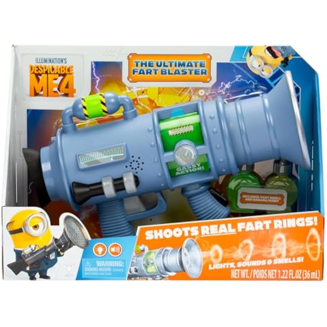 Despicable Me 4 The Ultimate Fart Blaster; Blasts out REAL Fart Rings of fog; Plays 15 Different Fart Sounds Lights Up and Emits Smells; It Includes 2 Different Scented Fart Formulas