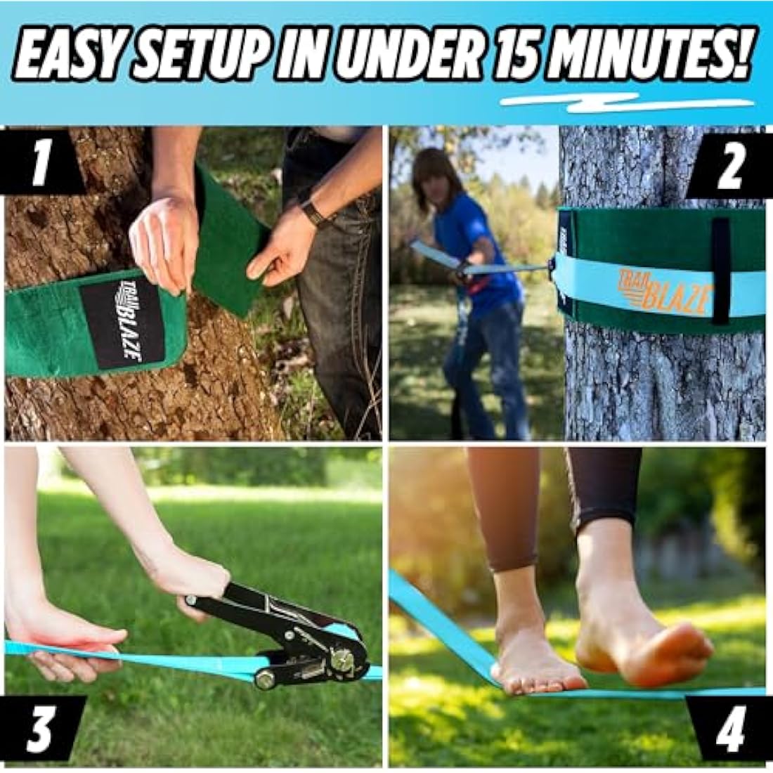 Trailblaze Complete Slackline Kit for Kids with Tree Protectors and Ratchet Cover | Slackline Beginner Kit, Outdoor Tightrope, Easy Setup 18.5m blue