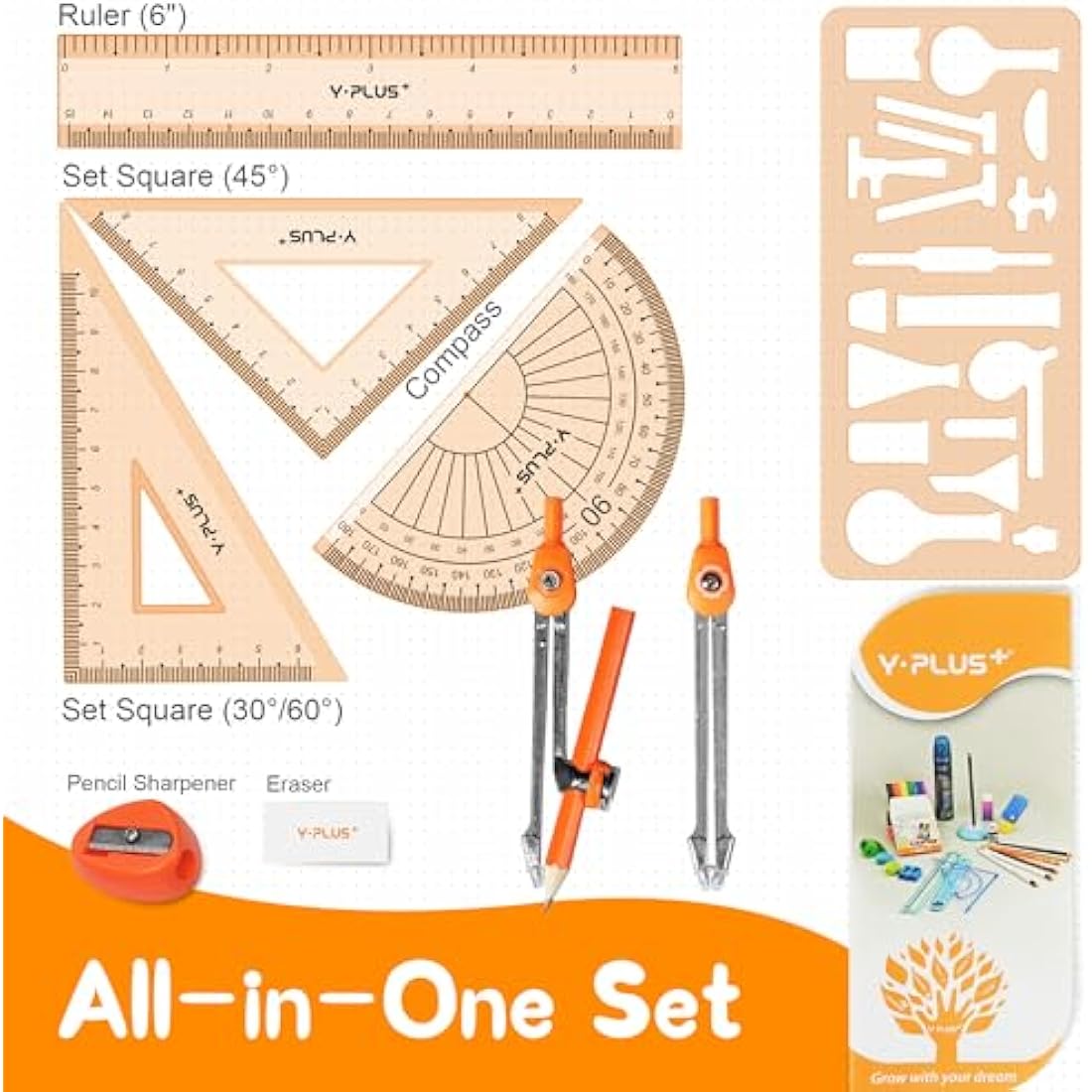 YPLUS Geometry Set for Students, Math Protractor Compass with Rulers, Box of Protactor Kit for Class Supplies and School, 11 Pcs