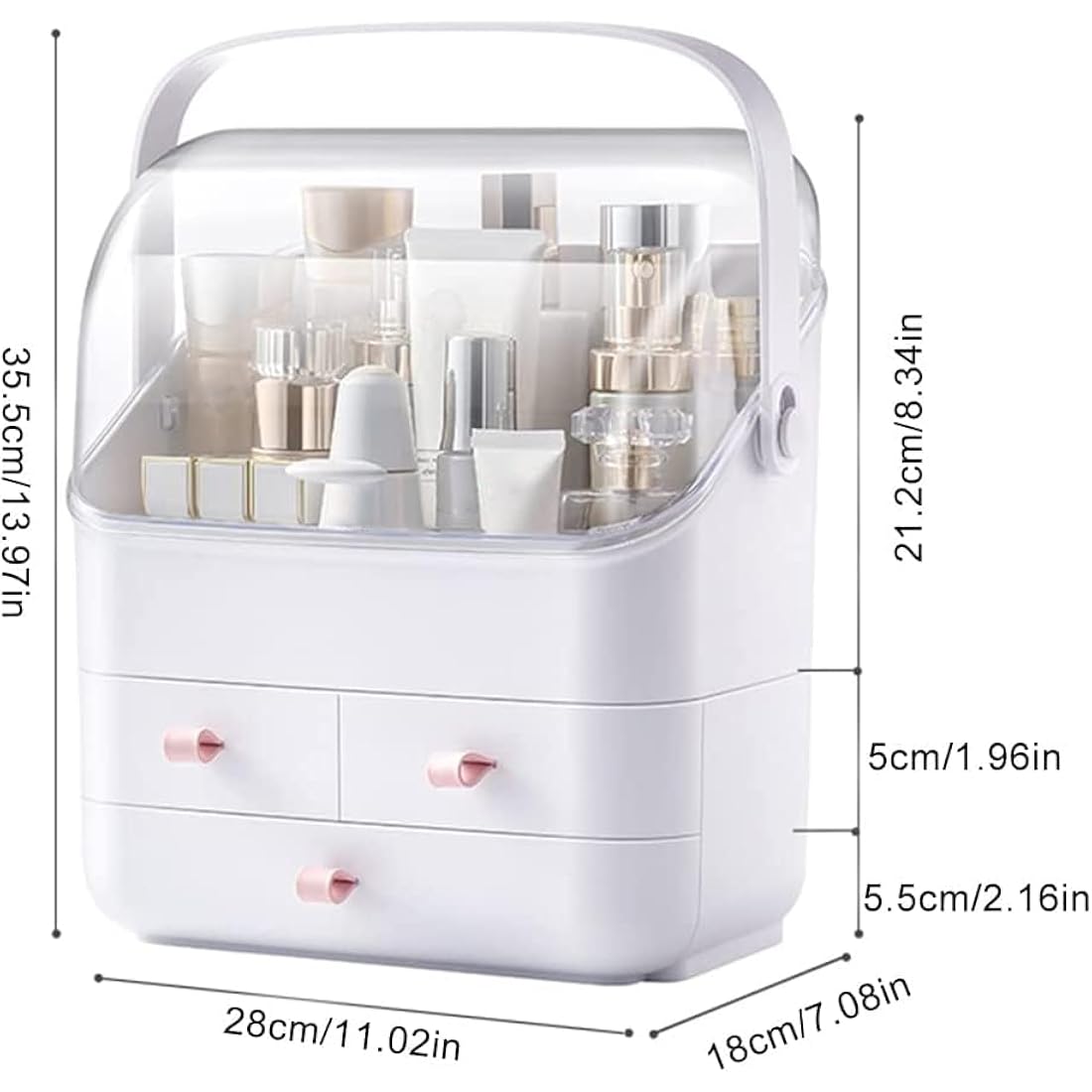 LINFIDITE Cosmetic Storage Box with Lid Makeup Organizer Box with Dust Free Cover Portable Handle,Large Makeup Display Case with Drawers Fully Open Lid,Great for Bathroom Countertop Bedroom Dresser