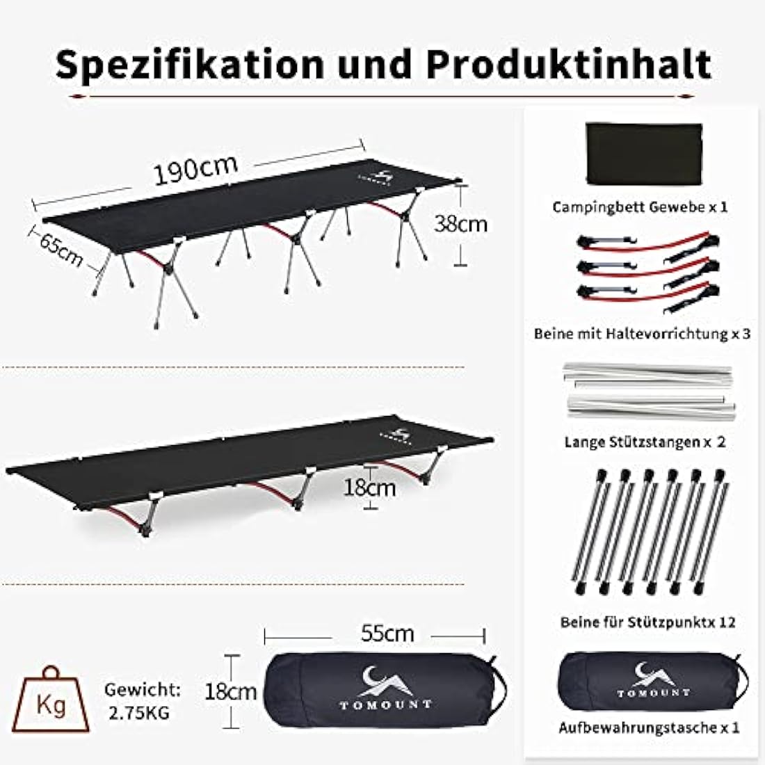 TOMOUNT Camp Bed, Lightweight Camping Lounger, Aluminium Alloy, Compact Camping Bed, Travel Cot for Balcony, Garden, Camping, Outdoor Hiking
