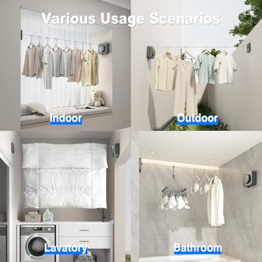 MUSTORN Retractable Washing Line, Non-Sagging Clothes Line Indoor & Outdoor Heavy Duty Extendable Washing Line Wall Mounted Stainless Steel Line-4.6M（Gray）
