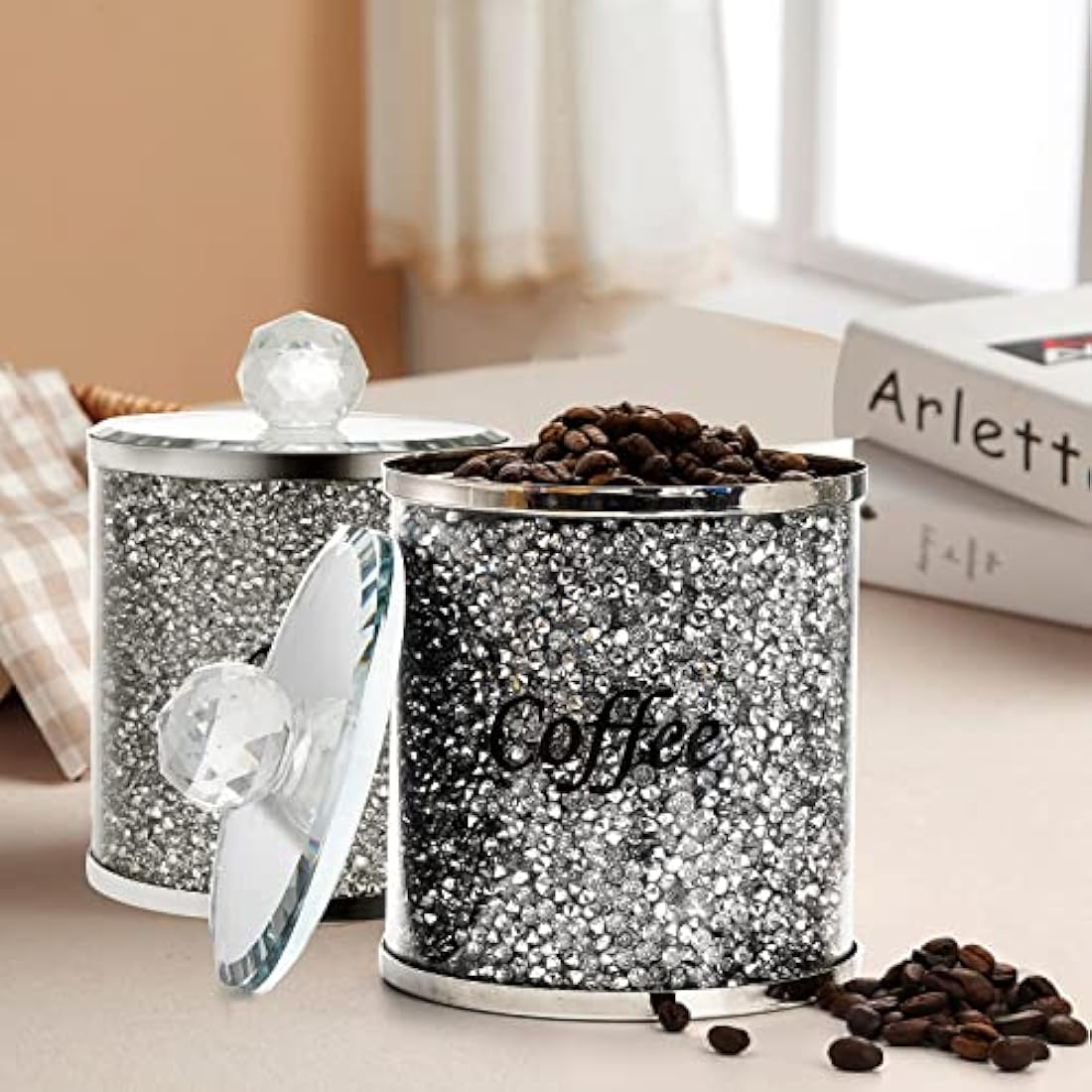 Cedilis 3 Pack Decorative Coffee Tea Sugar Canisters With Crushed Crystal Diamonds, Glass Food Storage Containers, Bling Kitchen Jar for Countertop Decor, Silver