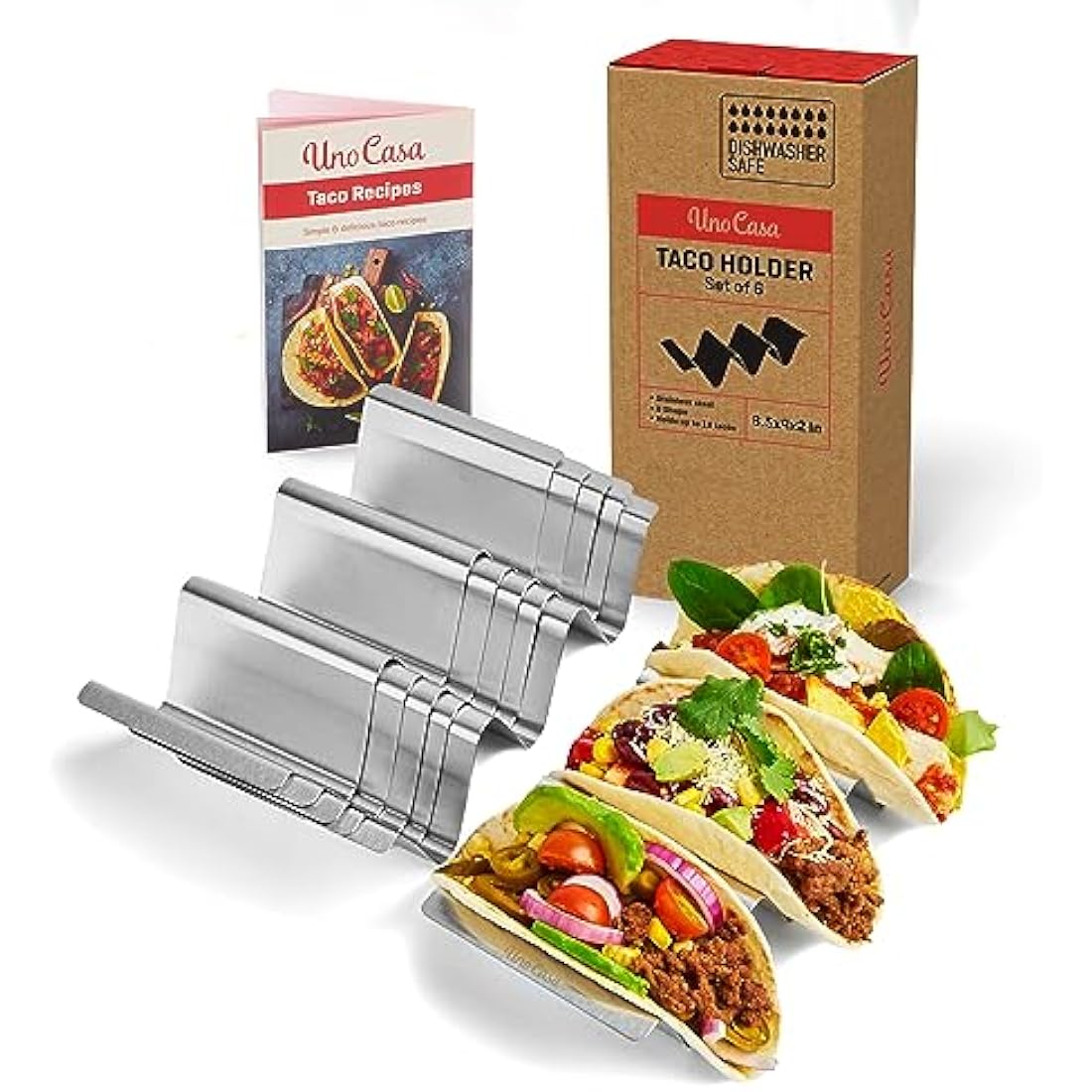 Uno Casa Taco Holders Set of 6 - Metal Holder for Taco Shells - Durable Stand for U-Shaped Rack - Perfect for Serving, Baking, and Grilling - Includes Recipe Book for Delicious Mexican Creations