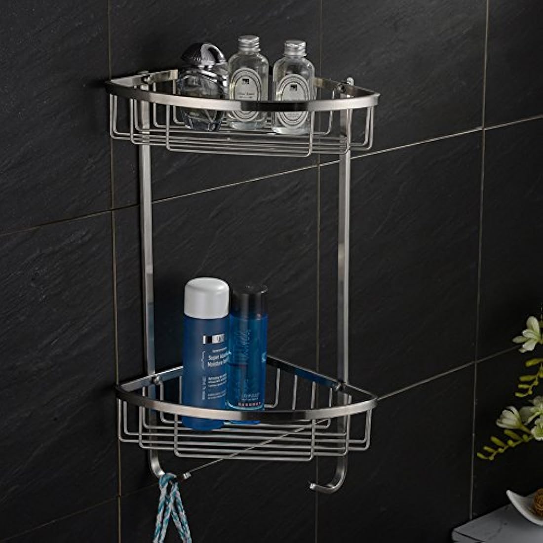 Konhard CS002 Wall Bathroom and Shower Basket, Brushed Stainless Steel 2 Tier