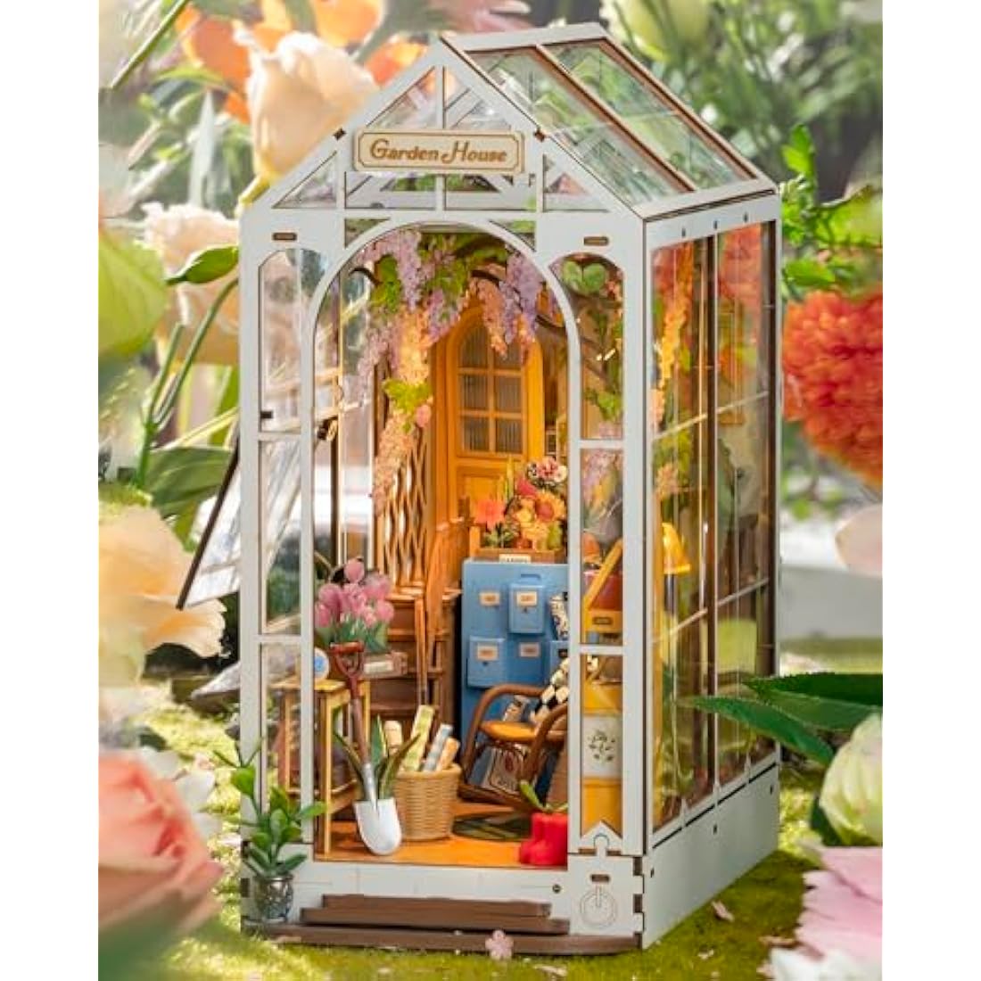 Rolife Book Nook Kits for Adults Gardenhouse DIY Miniature House Kit 3D Puzzles Bookends Bookshelf Decoration Christmas Birthday Gifts for Girls Women LED Lights