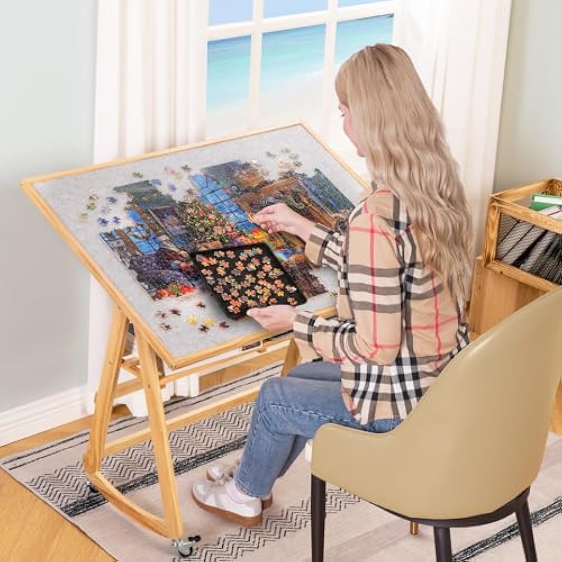 LAVIEVERT 1500 Piece Jigsaw Puzzle Table with Legs & Cover, Adjustable Wooden Puzzle Board Easel with Storage Shelf, Portable Tilting Puzzle Table with 4 Rolling Wheels for Adults