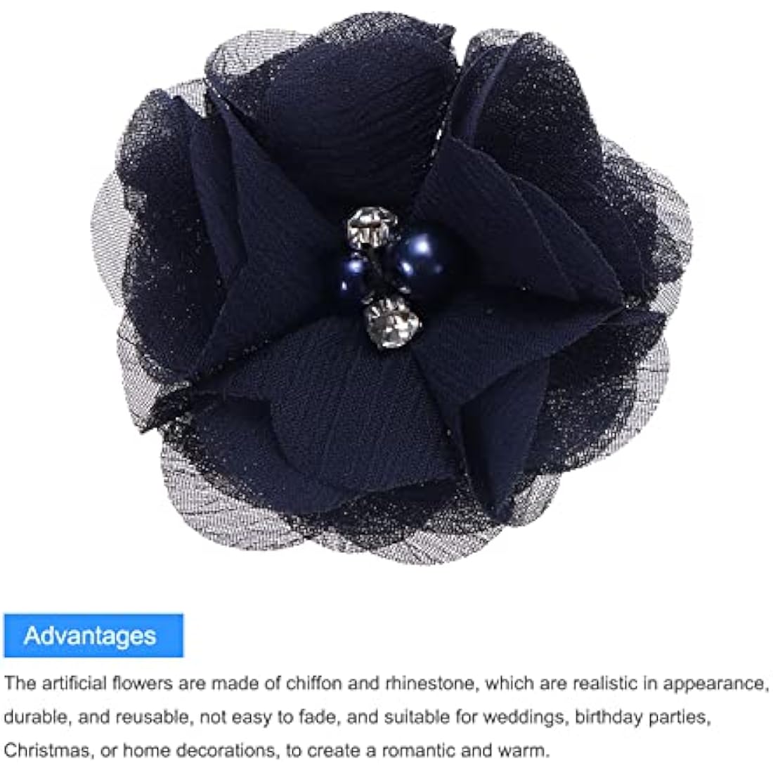 sourcing map Artificial Rhinestone Chiffon Flower Heads, Dark Blue Faux Flowers 2 Inch for DIY Craft Wedding and Party Decoration Pack of 20
