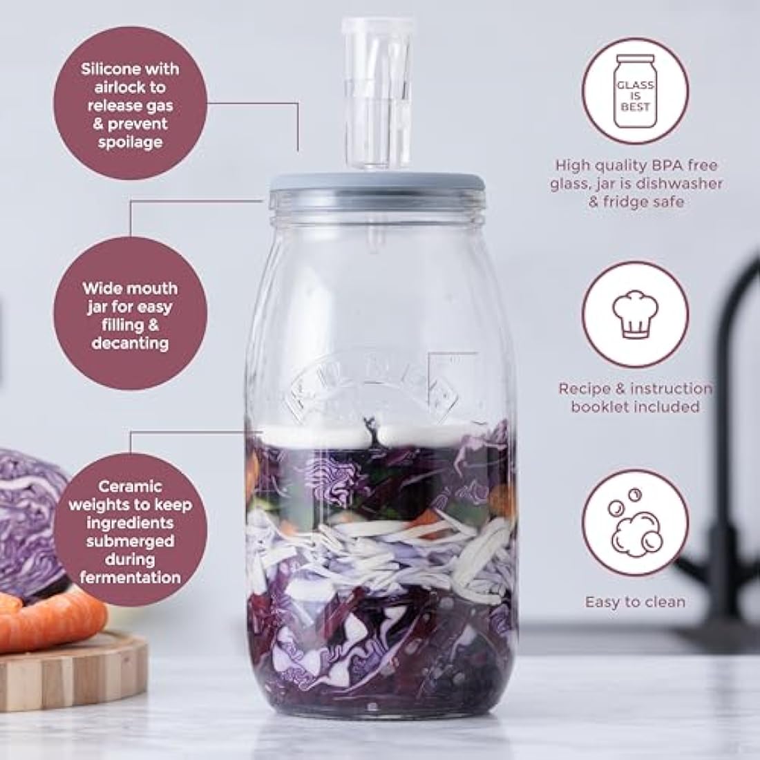 Kilner 3 Litre Fermentation Set Airtight Glass Jar with Silicone Lid, Air Lock, Ceramic Weights & Recipe, Booklet Ideal for Sauerkraut, Kimchi & Pickles