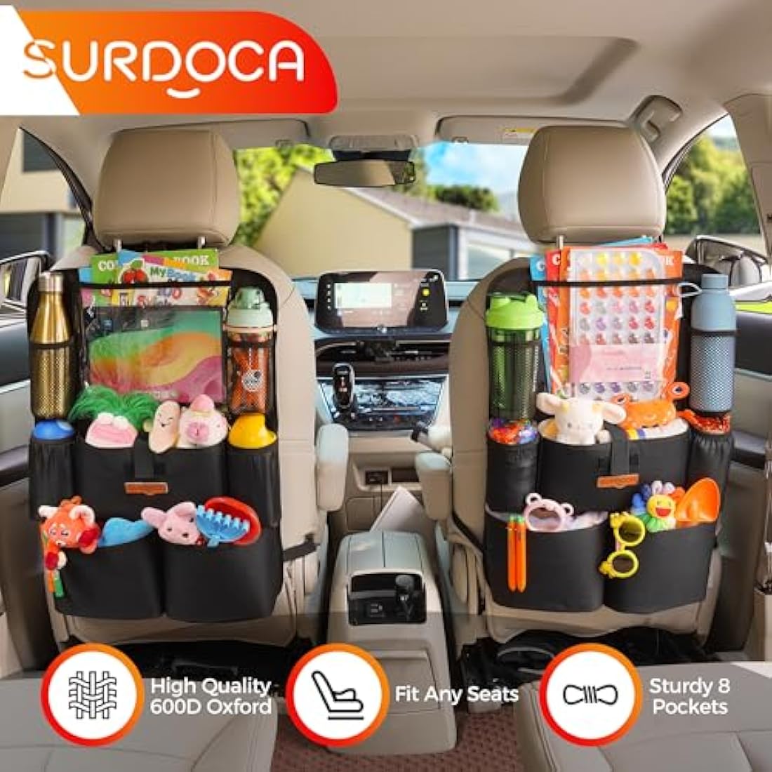 SURDOCA UPGRADED Car Seat Organiser for up to 11-inch Tablet Holder, 8 Pockets, Kids Toy Storage, Water Proof Back Seat Protector for Kids