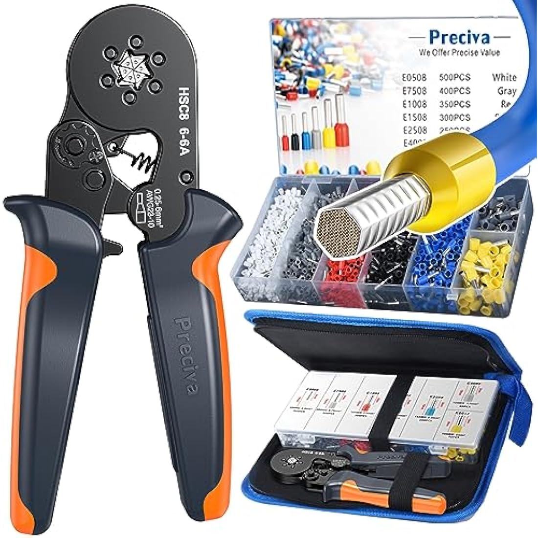 Preciva Ferrule Crimper Plier Set, 0.25-6mm²/AWG23-10 Self-Adjustable Ratchet Bootlace Terminal Crimping Tool, Electrical Ferrules Wire Crimp Toolkit with 1900 Cable End Sleeve Connectors