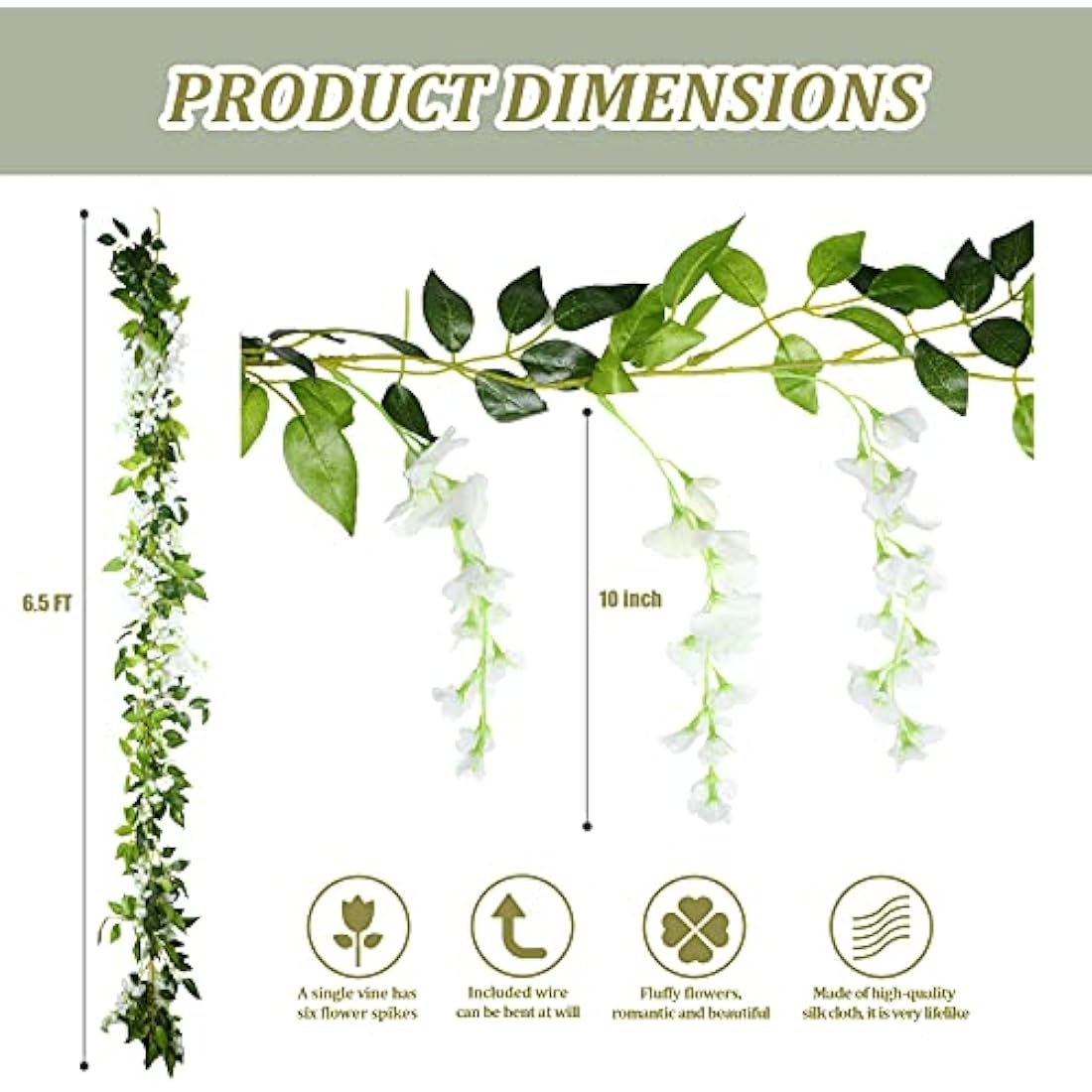 Syhood 4 Pieces 26 Feet in Total Vine Artificial Wisteria Garland Artificial Wedding Silk Wisteria Hanging Flower for Wedding Arch Home Garden Party Outdoor Decor(White)