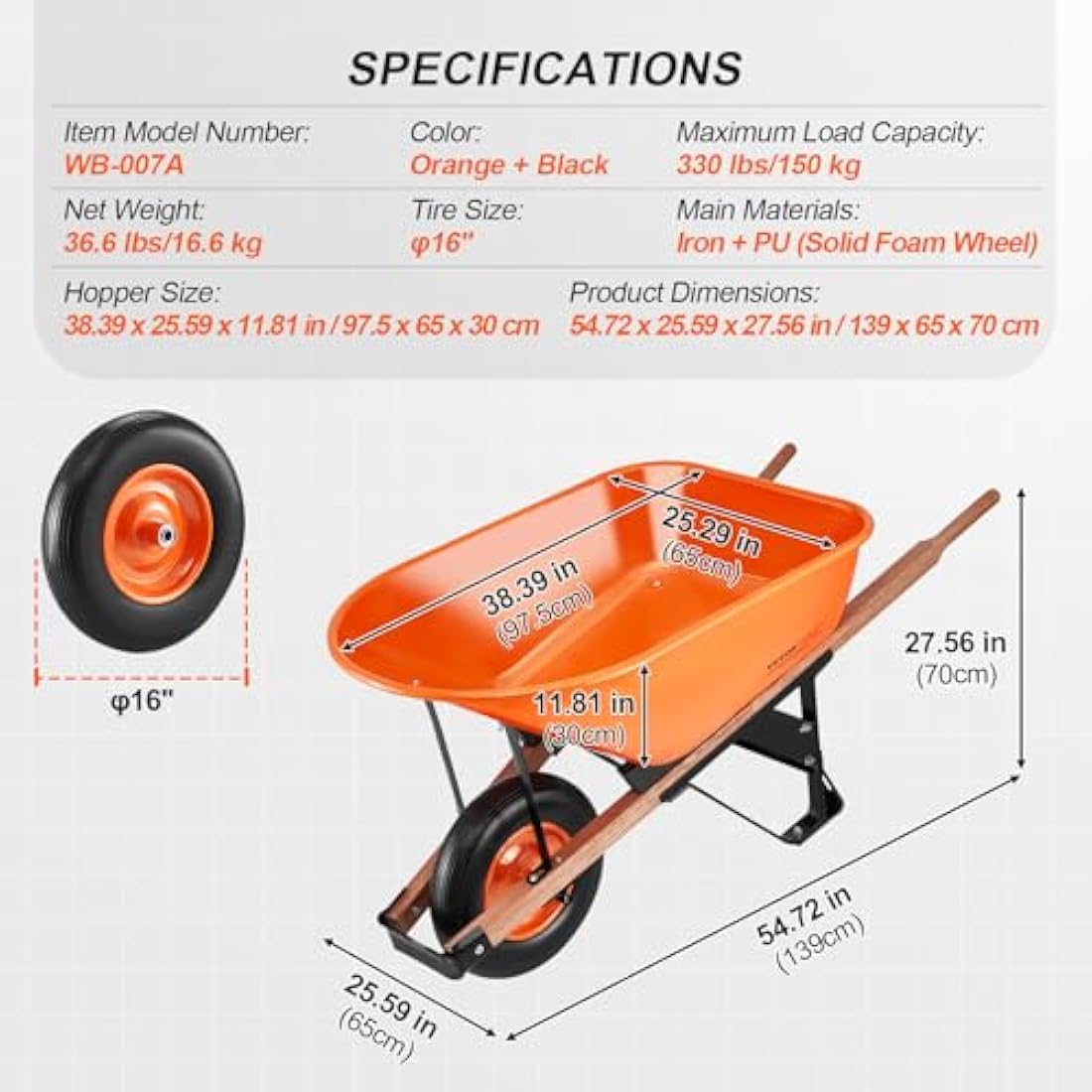 VEVOR Wheelbarrow, 6 Cu. Ft 330 lbs Capacity, One Garden Dump Barrow with Metal Handle & 16" Wide Track Wheels, Easy Loading Utility Yard Cart & Wagons for Lawn Farm, Orange+Black